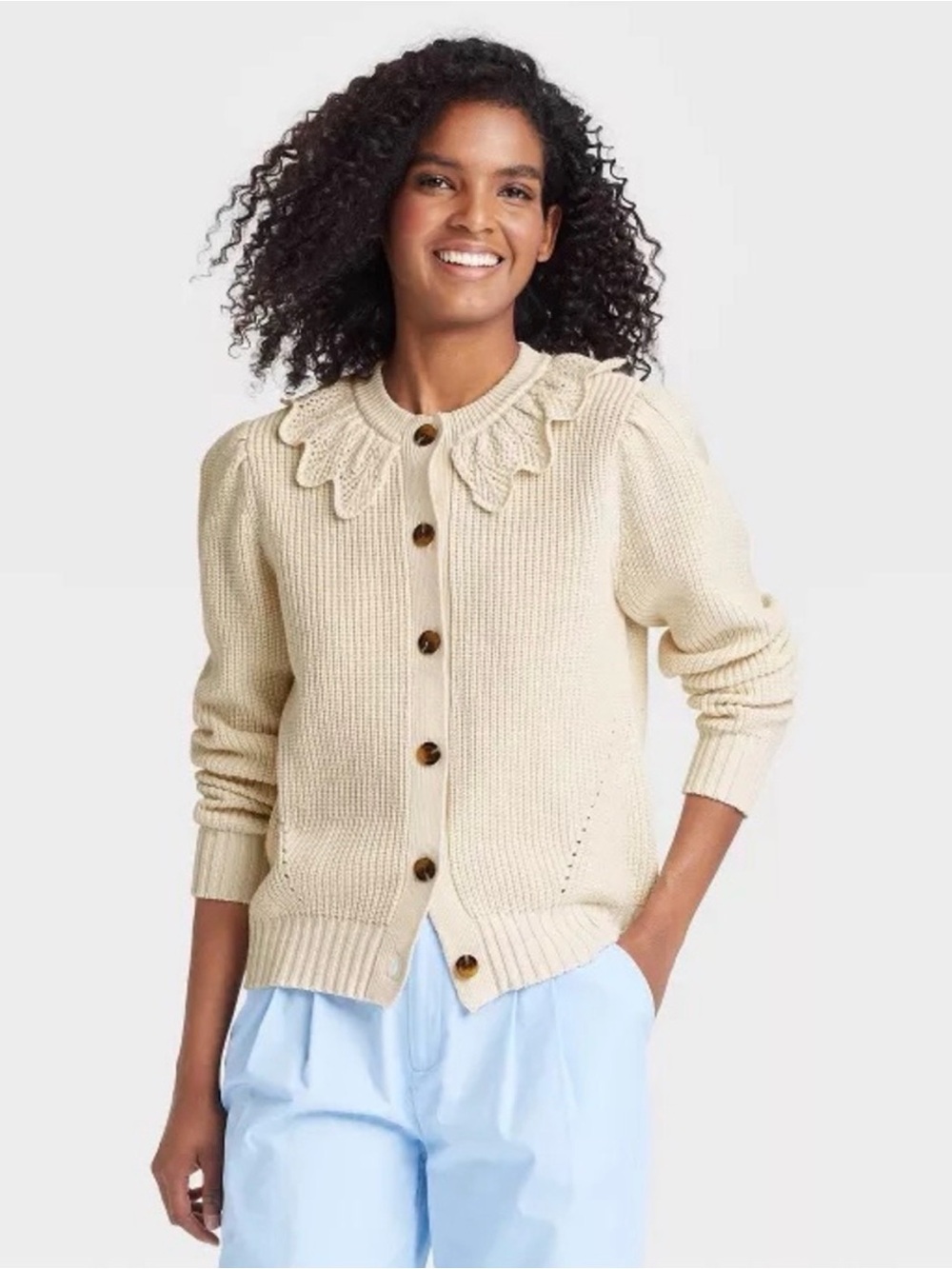 Who What Wear Cream Crochet Collar Cardigan Medium Cottagecore Grandpa Chic